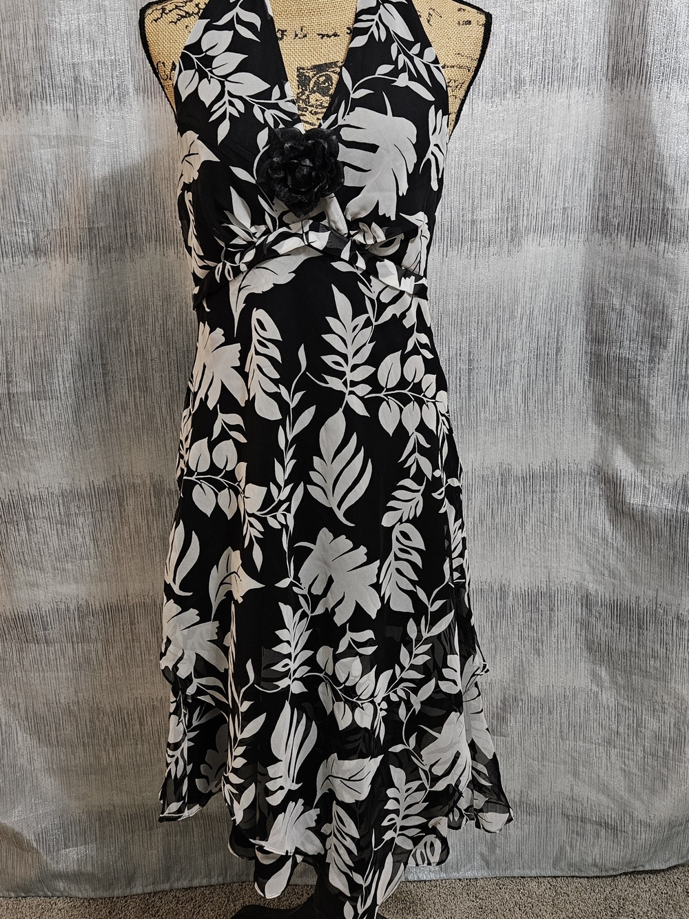 Helene Blake- Black & White Backless Halter Midi Dress with Leaf Print
